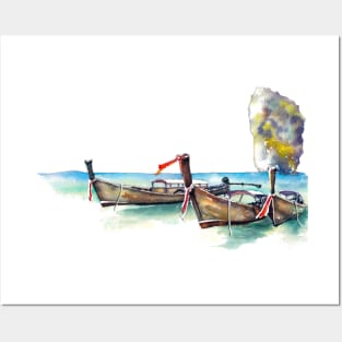 Longtail boats in a lagoon Posters and Art